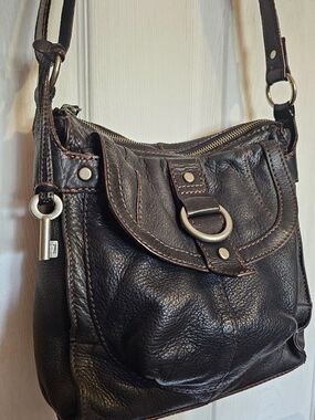 Vintage FOSSIL Black Pebbled Leather Crossbody Bag | Boho Utility